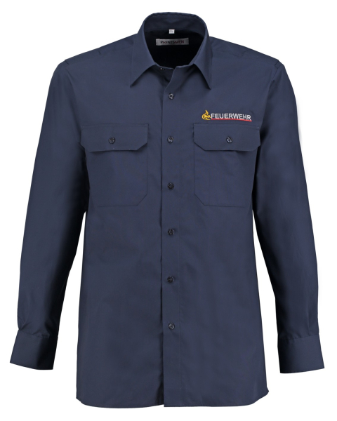 Das marine farbene langarm Feuerwehr Diensthemd ist geradlinig geschnitten, bestickt mit Sauferlöwe+Stick Feuerwehr